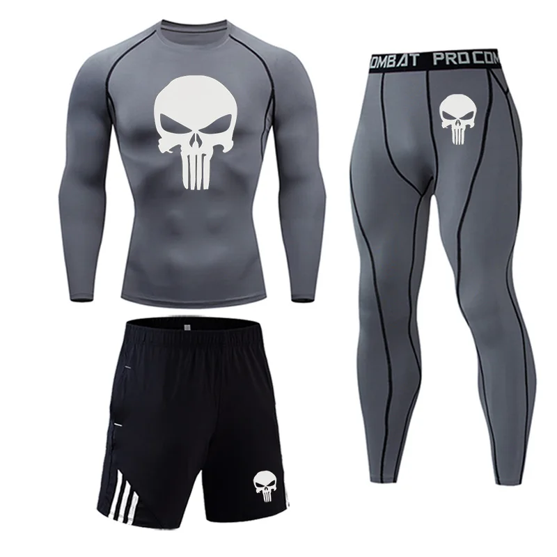 3-piece suit Skull men's clothing compression men thermal underwear rashgard kit long sleeves top for fitness man tracksuit 3-pcs base - Цвет: 3-piece suit