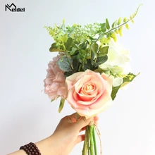 Meldel ручной работы Свадебный букет цветок свадебные букеты искусственный шелк Роза Пион Гортензия листья эвкалипта свадебные принадлежности