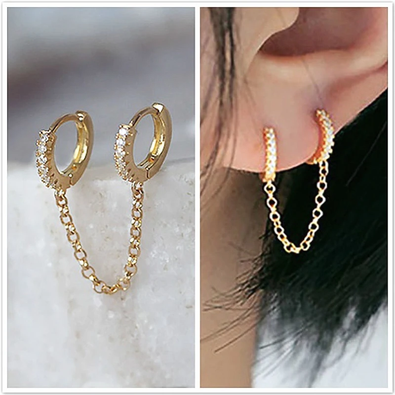 Huitan One PCS Hot Sale Two Hole Piercing Earrings for Women Brilliant Crystal Zircon 3 Metal Color Chain Earring Party Jewelry 1