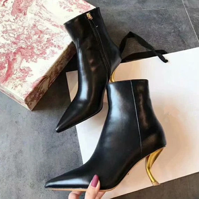 

Luxury Brand Womem Ankle Boots Sexy Stange HIgh Heels Women Pumps Mental Stiletto Heels Shoes Winter Warm Short Boots For Women