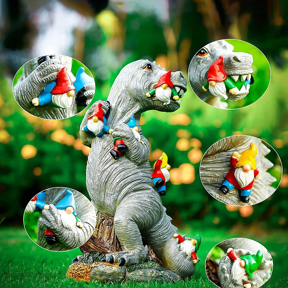 

Resin Dinosaur Dwarf Figurine Statue Funny Dinosaur Eating Gnome Statue Cartoon Sculpture for Outdoor Garden Ornament Home Decor