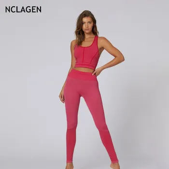 

NCLAGEN 2020 New Spring Women Seamless Knitted Yogaings GYMs 2 PCs Set Sportswear Crop Tank Top High Waist Butt Lifting Leggings