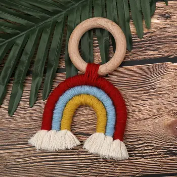 

Rainbow Tassel Macrame Wooden Boho Baby Teether Cotton Cord Wood Teething Toy Shower Gift AXYA