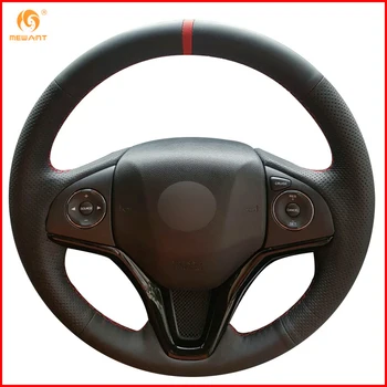 

MEWANT Black Genuine Leather Car Steering Wheel Cover for Honda New Fit City Jazz 2014 2015 HRV HR-V 2016 Vezel 2015-2017 Parts