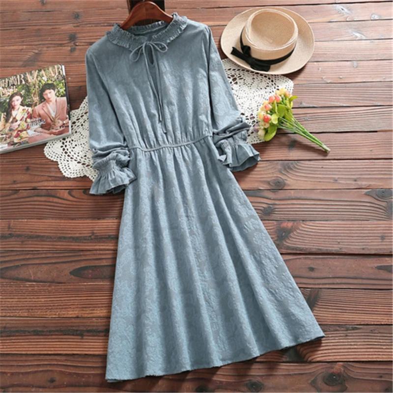 

2019 New Spring Autumn Women Long Sleeved Cotton and Linen Jacquard Dresses Blue,Pink Mori Girl Vintage Dress
