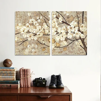 

Retro Poster 2 Pieces White Flowers Yellow Leaf Canvas Painting Abstract Wall Art Pictures for Living Room Home Decor Print