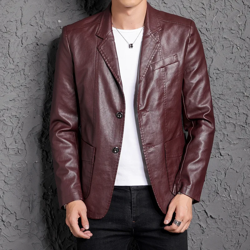 2019 Autumn Black Blue Yellow Red Leather Blazer Men Slim Fit Korean Fashion Mens Dress Jacket Hombre Faux Leather Jackets Coats 2019 Autumn Black Blue Yellow Red Leather Blazer Men Slim Fit Korean Fashion Mens Dress Jacket Hombre Faux Leather Jackets Coats