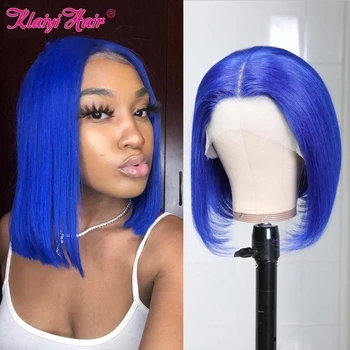 

Klaiyi Hair Straight Dark Blue Bob Wig Human Hair Wigs 8-14 inch Pre Plucked Remy Hair 13*4 Inch Lace Front 150% Density