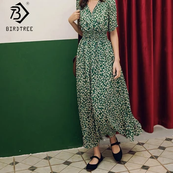 

2020 Summer New Women's Vintage Short Sleeve Floral Printed Chiffon Dresses V-Neck A-line High Waist Ankle-Length Dress D9D996O