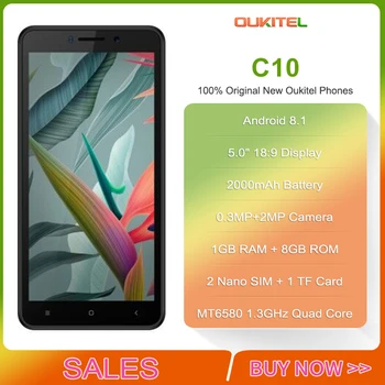 

OUKITEL C10 SmartPhone 5.0" 18:9 1GB RAM 8GB ROM MTK6580 Quad Core Android 8.1 2.0MP 2000MAH Dual SIM WIFI GPS 3G Mobile Phone