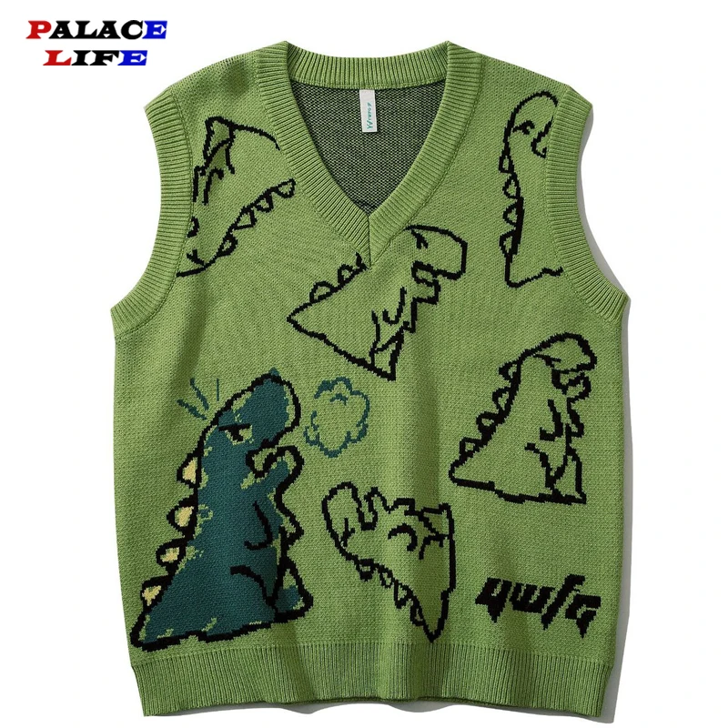 

Streetwear Sweater Vest Men Harajuku Fashion Knitted Dinosaur Cartoon Pullover V-neck Oversize Casual Couple Male Sweaters 2021