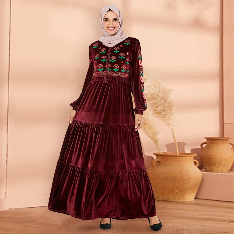 purple dress Siskakia вельветовое длинное платье с вышивкой элегантное женское модное Плиссированное лоскутное Драпированное Платье макси с длинным рукавом мусульманская одежда - Цвет: purple dress