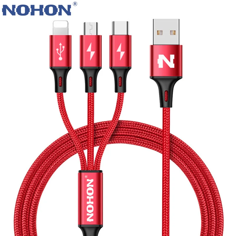 Оригинальный кабель NOHON 3 в 1 Type C 8Pin Micro USB для iPhone 7 6 6S Plus iOS 10 9 8 Samsung Xiaomi Nokia быстрой