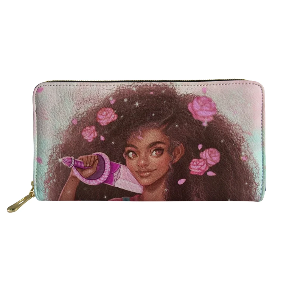 

HaoYun Fashion PU Leather Women's Long Wallets Black African Girls Pattern Girls Coin Purses Afro Arts Design Travel Pockets