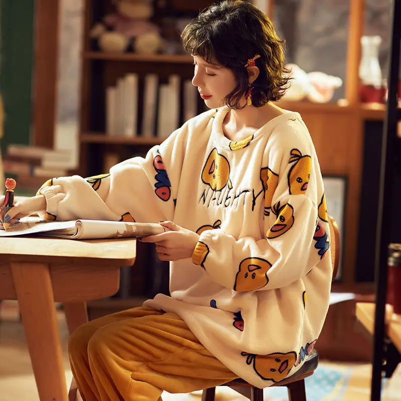 

Coral Fleece Pajamas Set Women Long Sleeve Cartoon Graphic Autumn and Winter Home Wear Set Pyjama Sleepwear Pijamad De Mujer