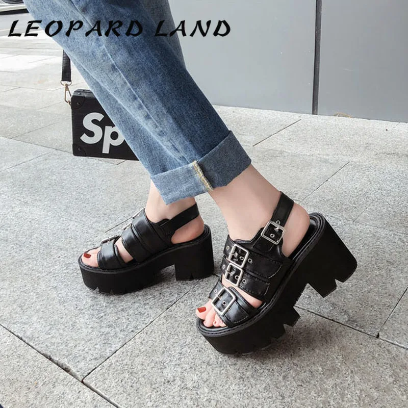 Женские сандалии на платформе LEOPARD LAND модные высоком каблуке в стиле панк лето 2019