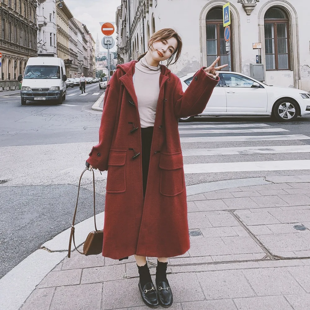 

Photo Shoot over-the-Knee Long Woolen Jacket 2019 Winter New Style WOMEN'S Dress Retro Toggle Hooded Woolen Overcoat