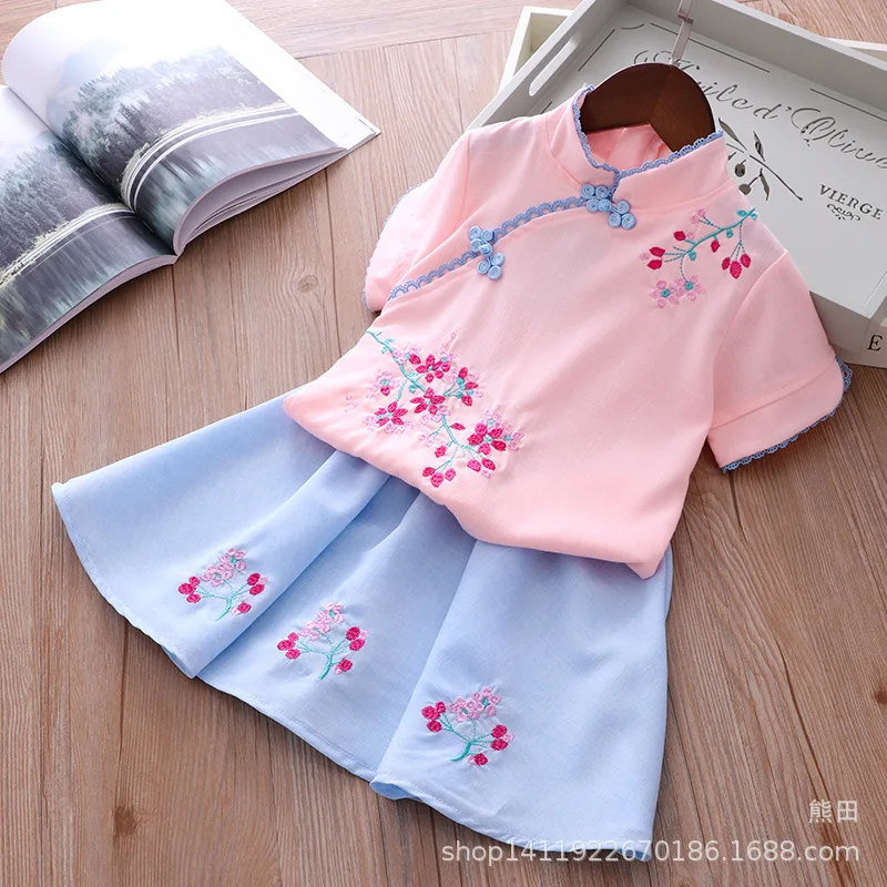 Spring Summer New Style Children Chinese Clothing Cotton Linen Short Sleeve CHILDREN'S Suit Chinese-style Handmade Frog Girls Ch