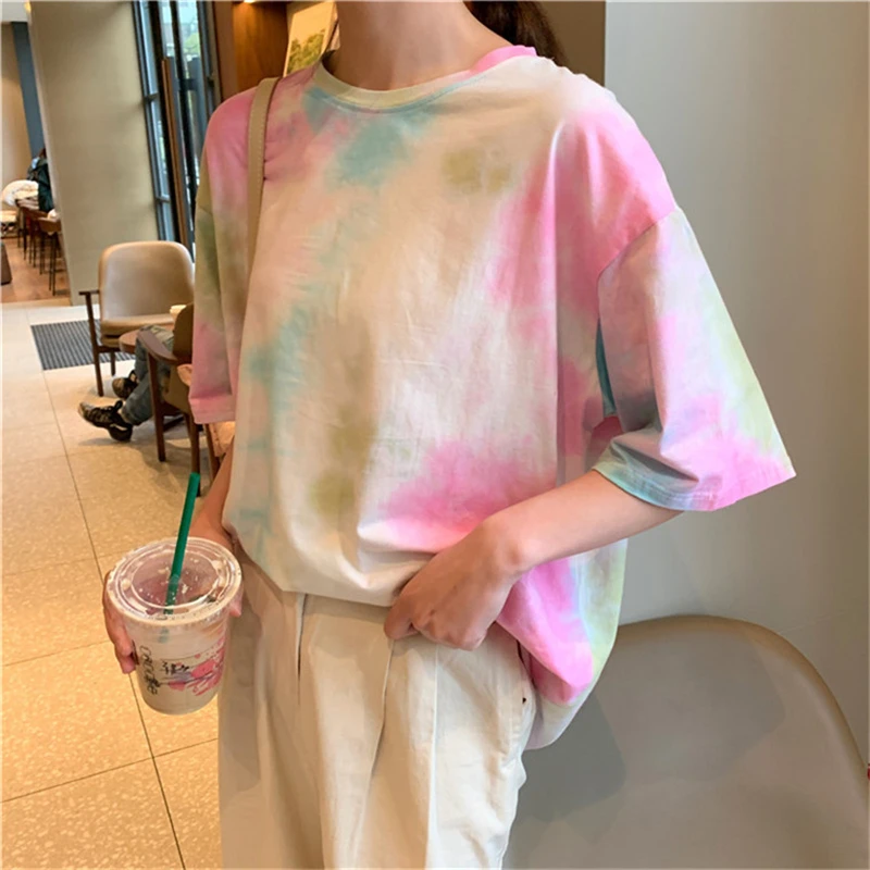 

Womens Summer Tie Dyed Pattern Loose Long Tops Korean Style Personality Short-sleeved Round Neck Casual T-shirt Harajuku