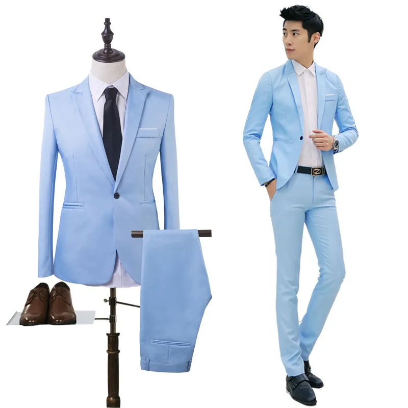 Sky blue Высокое качество мужские модные тонкие костюмы мужские деловые повседневные Костюмы жениха 2 шт свадебный костюм мужская куртка брюки наборы - Цвет: Sky blue
