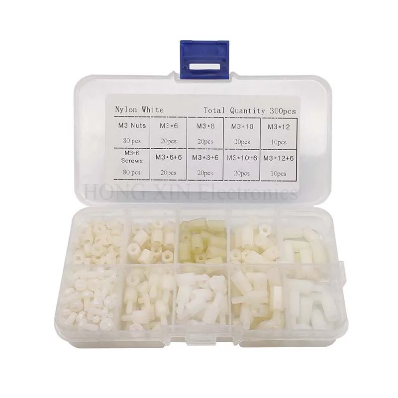 300pcs M3 Nylon Screw Black Hex Screw Nut Spacer Stand-off Varied Length Assortment Kit Box