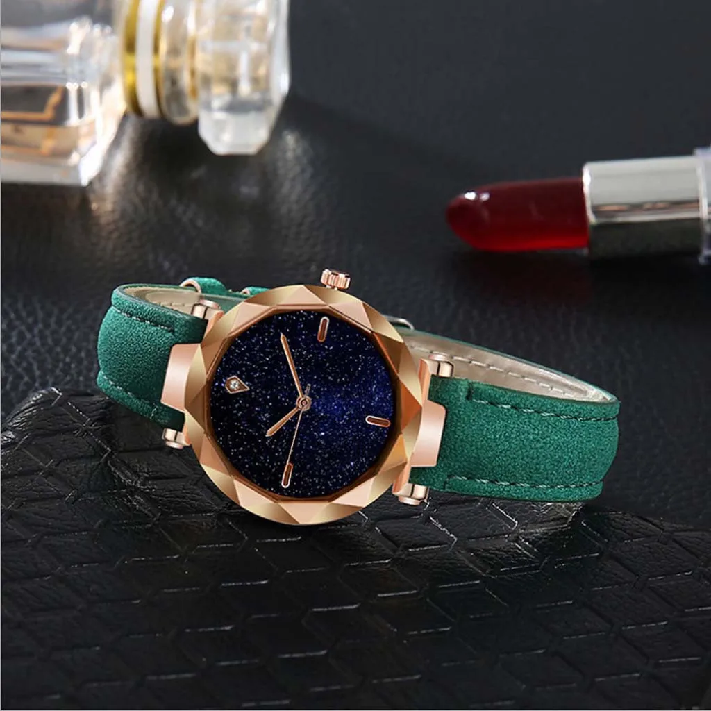 Новые Модные Стразы Часы Для женщин простой и изящный круглый вырез сделают вас более роскошный Звездное выпуклое зеркало часы с кожаным ремешком Relogio Feminino#10