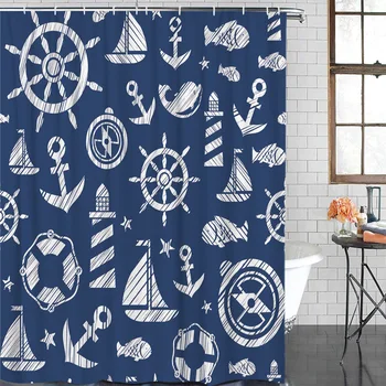 

Shower Curtain Blue Anchor Boat Fish Waterproof Polyester Fabric Bathroom Curtain Home Decoration Bathroom Shower Curtain