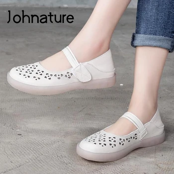 

Johnature Women Sandals 2020 New Summer Genuine Leather Women Shoes Hook & Loop Casual Retro Sewing Flat With Ladies Sandals