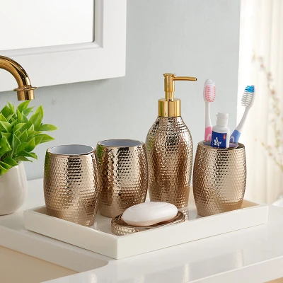 Bathroom Accessories Set Resin Material Soap Dispenser Toothbrush Holder Gargle Cup Bathroom Set Wedding Gifts Gold/Silvery - Color: 6 pieces set