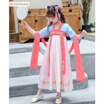 

2020Retro Hanfu Princess Dance Dress Long Sleeve Chinese Ancient Fairy Girls Dresses Performance Tutu Mesh Costume Long Dress