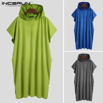 

Men Robes Hooded Short Sleeve Comfortable Sleepwear Homewear Solid Nightgown Loose Casual Soft Men Beach Towel Bathrobes INCERUN