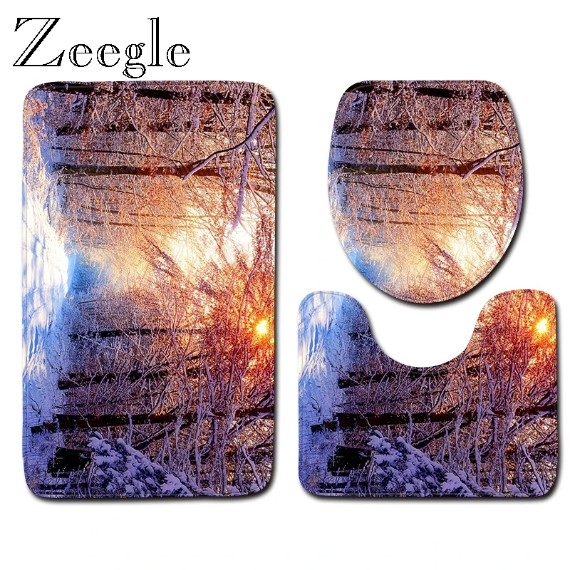 Zeegle Printed 3D Natural Bath Mat Set Flannel Pedestal Rug Lid Toilet Rug Bathroom Entrance Mat Toilet Decoration Rug Foot Mat