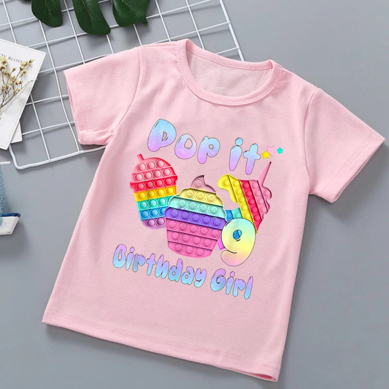 

Popit 9th Birthday Girl Graphic Print T-Shirt Summer Tops For Girls Colorful Ice Cream Unicorn Kids Clothes Fidget Toys Tshirt