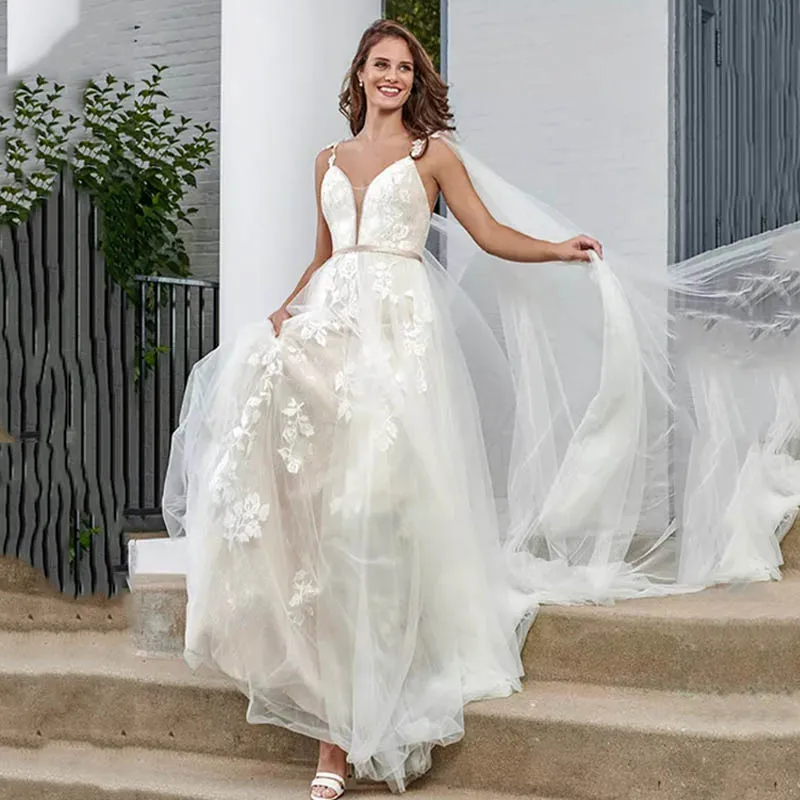 Восьмое свадебное платье без рукавов ТРАПЕЦИЕВИДНОЕ свадебное платье с v-образным вырезом vestido de noiva, кружевное платье с аппликацией для невесты, платье с поясом