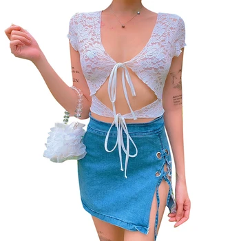 

Women's Lace Sheer Bottoming Shirt Summer Fashion Sexy Hook Flower Lace Up Cutout Short Sleeve Cardigan
