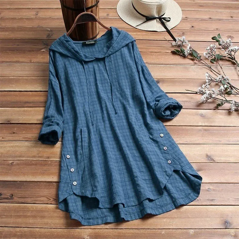  Plus Size Spring Blouse Women Casual Hooded Long Sleeve Check Plaid Loose Party Tunic Tops Chemise 