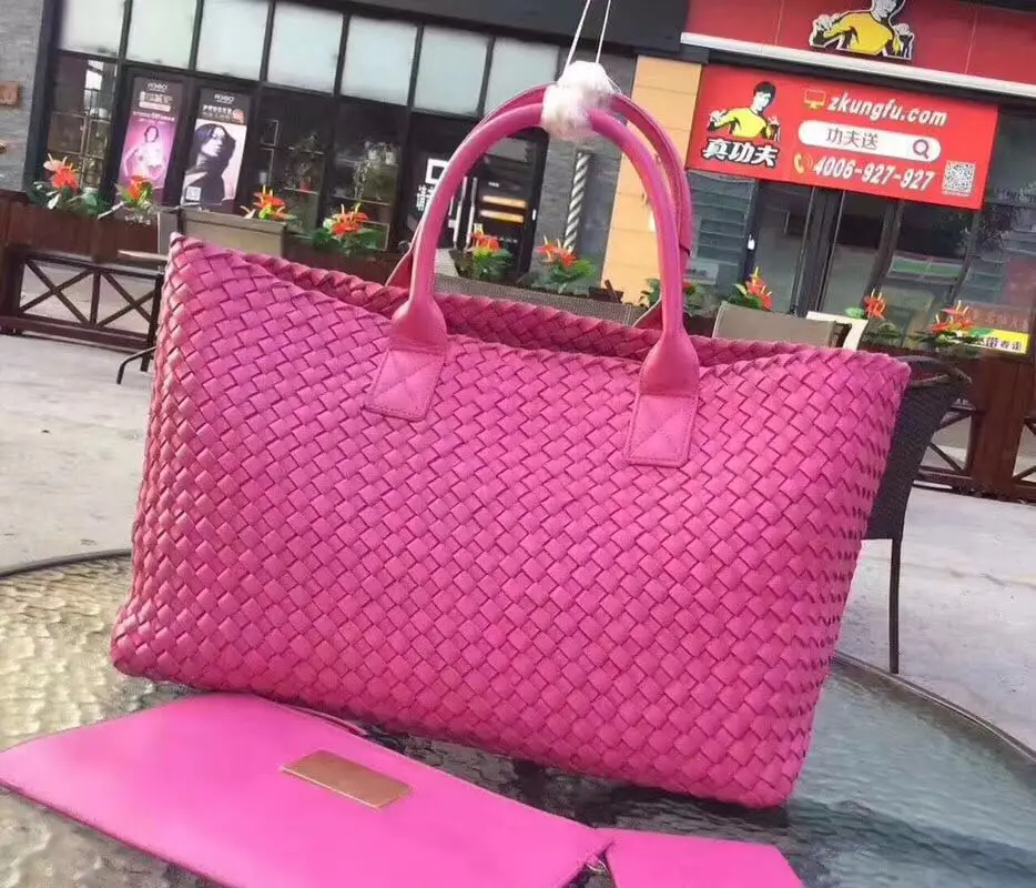 Брендовая дизайнерская Высококачественная кожаная плетеная женская сумка Большая вместительная сумка кожаная плетеная Сумка - Цвет: Розовый