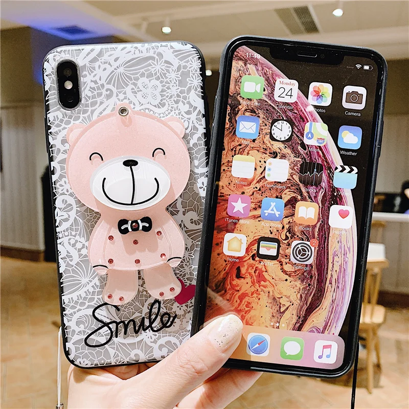 Lace Flower Makeup Mirror Phone Case For Samsung Galaxy S8 S9 S10 Lite S7 S6 Edge Plus C5 C7 C9 Note 8 9 With Lanyard Back Cover