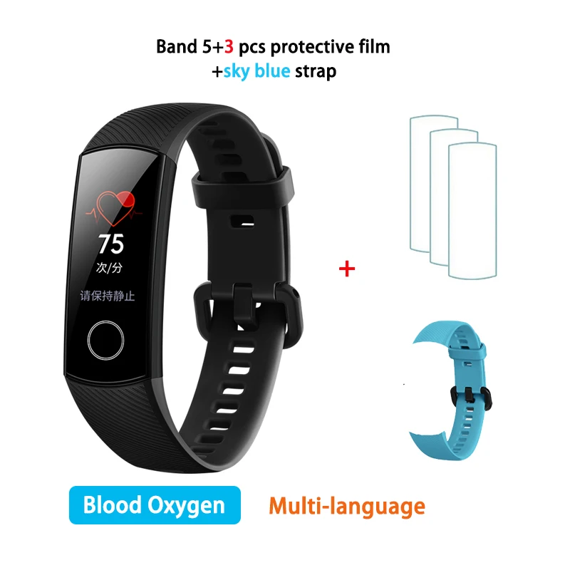 CN Black strap film Смарт-браслет huawei Honor Band 5, глобальная версия AMOLED 0,95 '', сенсорный экран, 5 АТМ, умный браслет с кислородом для измерения пульса в крови - Цвет: CN Black strap film