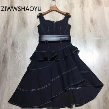 

ZIWWSHAOYU Women Summer Vintage Black Denim Midi Dress Fashion Designer Ladies Elegant Ruffles Belt Spaghetti Strap Dresses