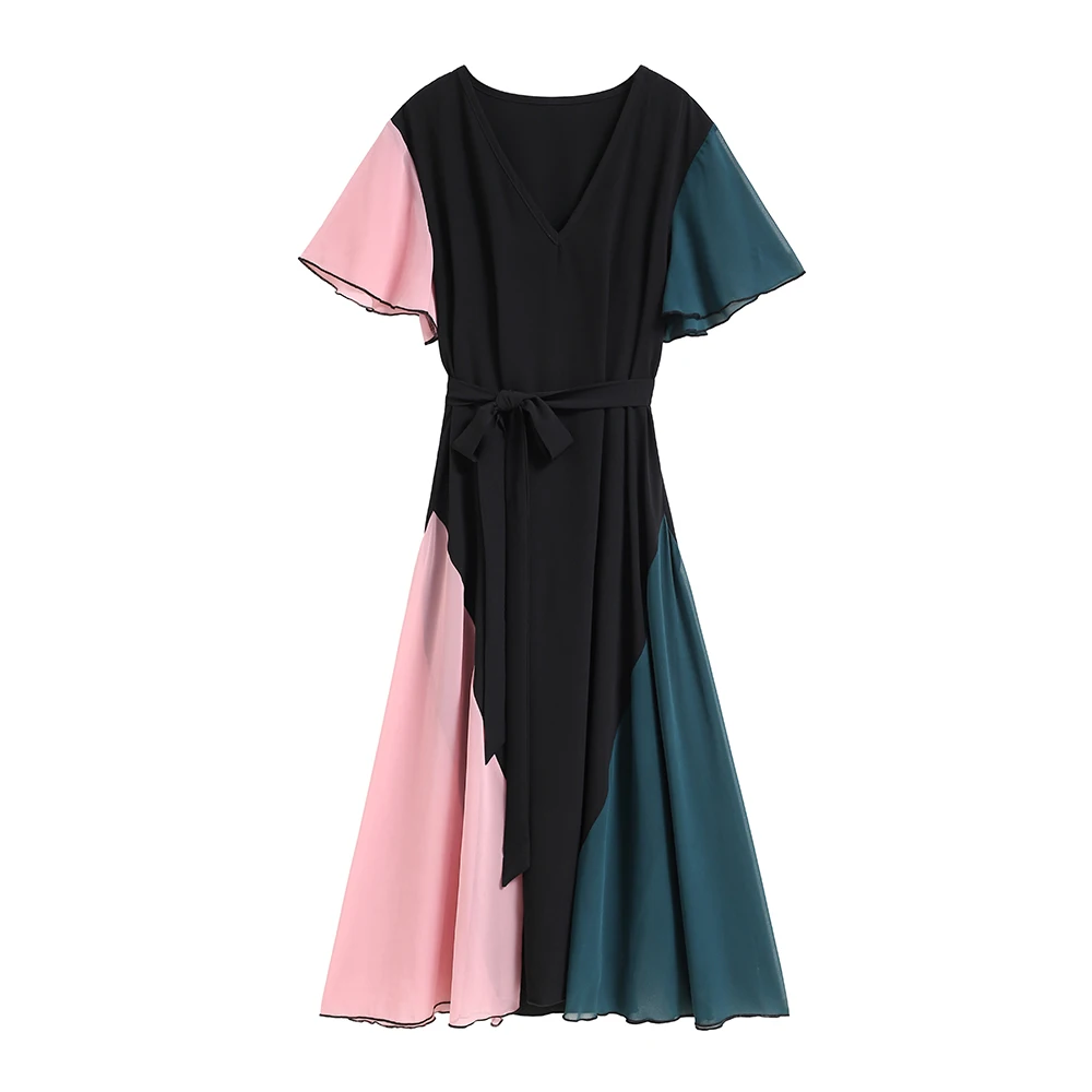 Amtivaya элегантное женское платье с цветными блоками, офисное женское шифоновое длинное платье с v-образным вырезом и оборками, короткий рукав, одежда размера плюс, рабочая одежда