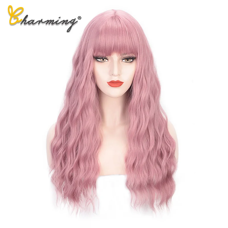 Очаровательные длинные смешанные розовые женские парики с челкой термостойкие синтетические кудрявые парики для женщин афро-американские - Цвет: Pink