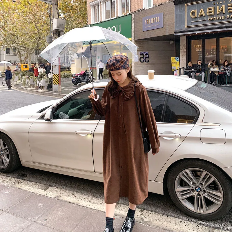 

Photo Shoot 2020 Spring New Style Korean-style Loose-Fit CHIC Coffee Casual Versatile Mid-length Students Dress Women's