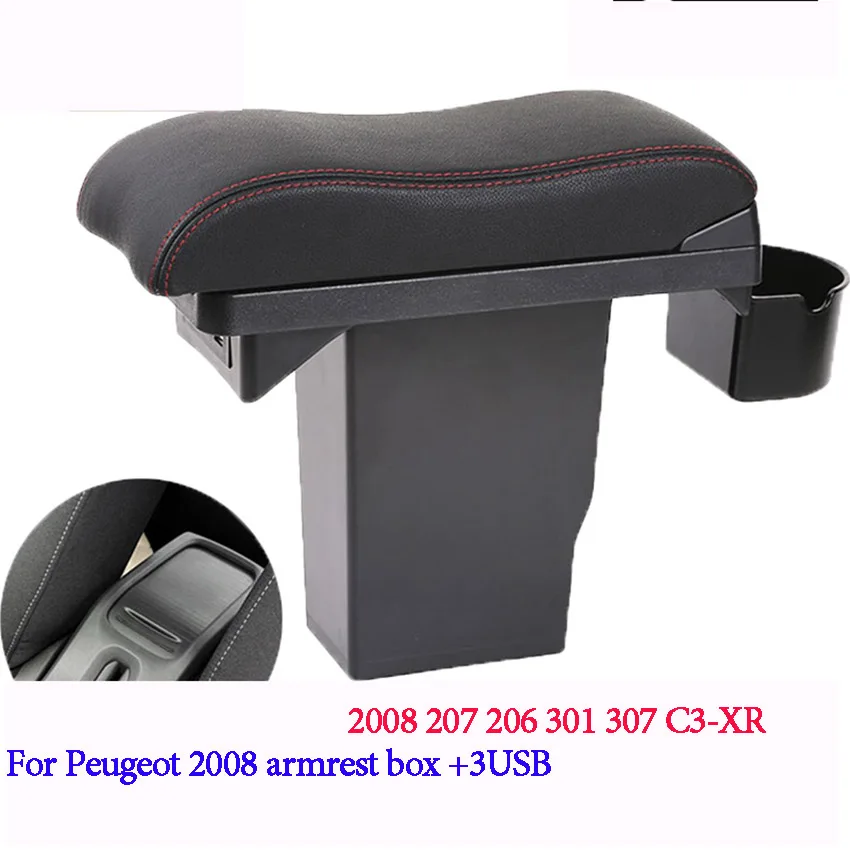 Для peugeot 2008 подлокотник коробка+ 3USB черный кожаный центр ящик для хранения модификации