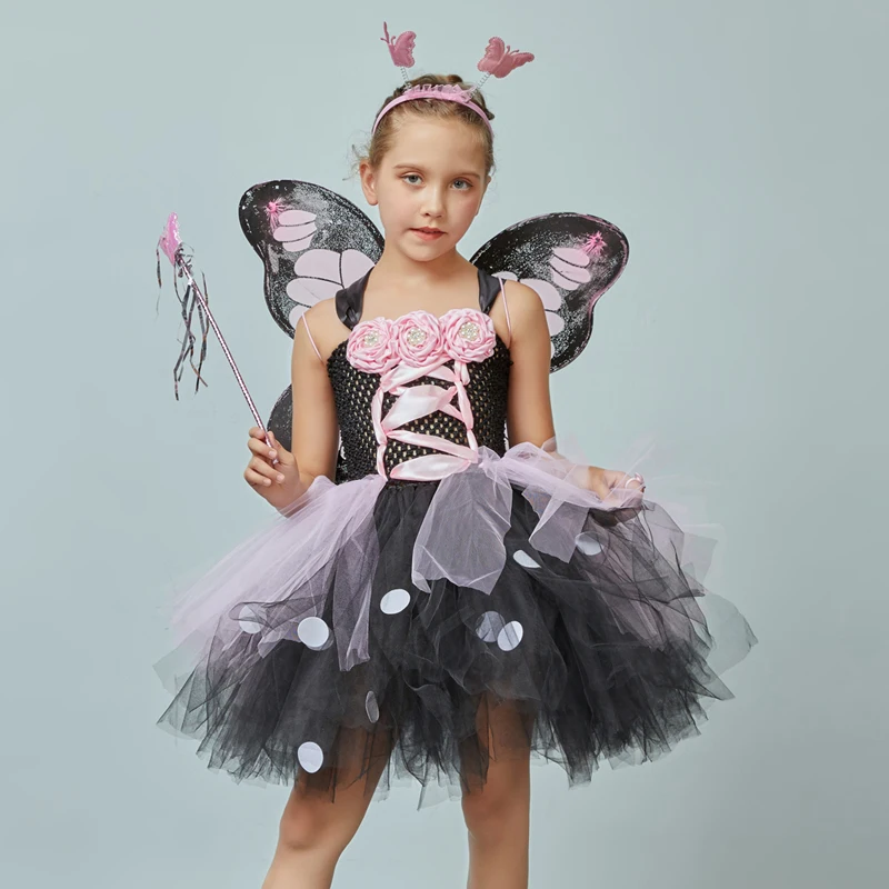 Pink and Black Monarch Butterfly Tutu Dress with Wings Girls Insect Bug Butterfly Halloween Costume Kids Birthday Tutu Outfit (5)