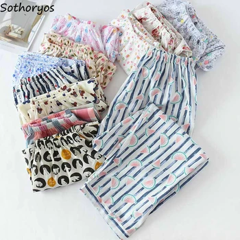 여성용 수면 바닥 프린트 봄 여름 인기 3XL 통기성 세련된 코튼, 편안한 잠옷 바지, 데일리 잠옷