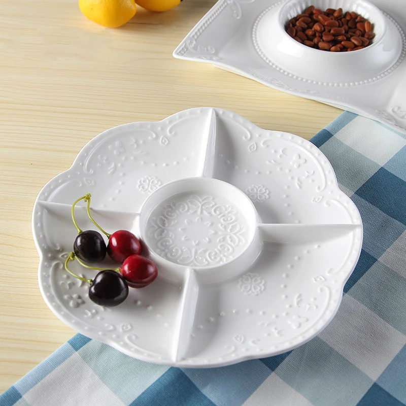 Европейская белая керамическая посуда с тисненым узором, западное блюдо, тарелка для сушеных фруктов, мультизерновые десертные фруктовые тарелки