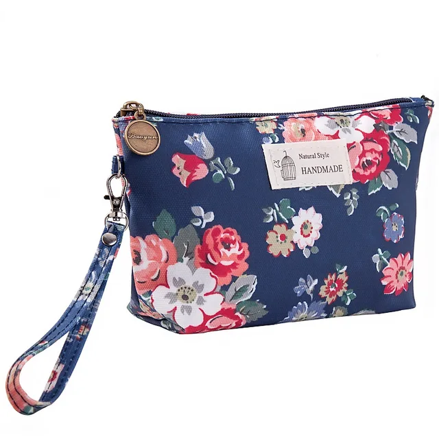 FUDEAM Polyester Rose Flower Bird Pattern Women Cosmetic Bag Toiletries Storage Organize Waterproof MakeUp Bag Portable Wash Bag Deep blue flower