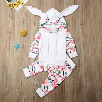 

0-24M Cute Newborn Kids Baby Boy Girl Winter Outfits Clothes Rabbit Ear Hooded Sweatshirts Tops+Pants 2 Piece Set For Baby