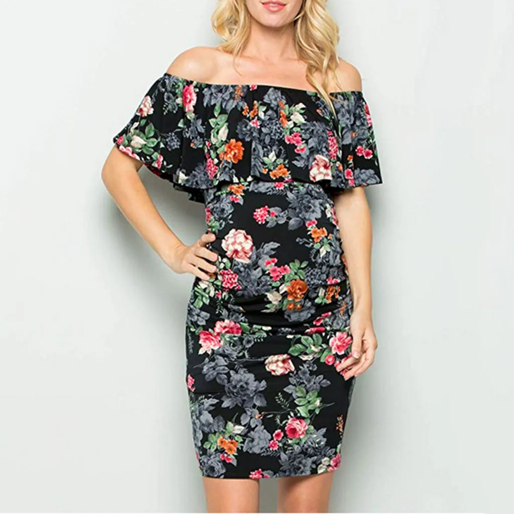 

Women's Pregnant Women's Printed Shoulder Ruffle Maternity Dress Fashionable Comfortable Tight Print Dress плае vestidos S4